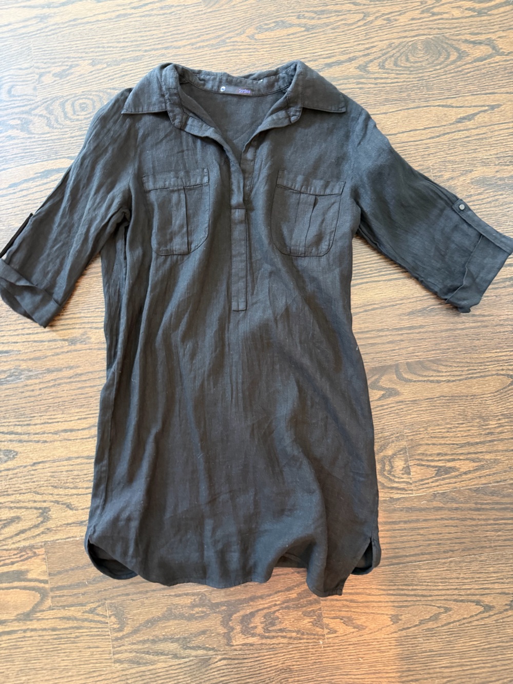 KRISA Darling Black Linen Tunic Shirt Dress
